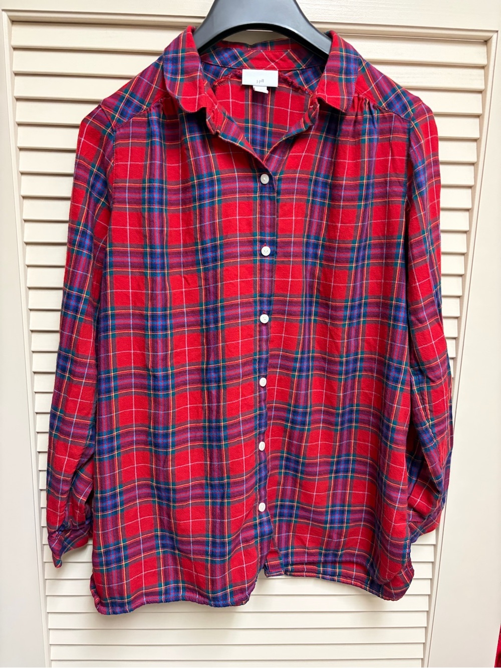 J Jill Womens M Red Plaid Flannel Shirt Cotton Modal Tartan Button Down Tunic